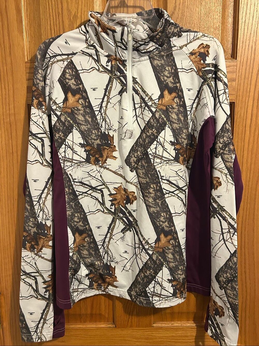 Energy Zone Mossy Oak Camo 1/4 Zip Pullover Women's L 12-14 Purple Trim
